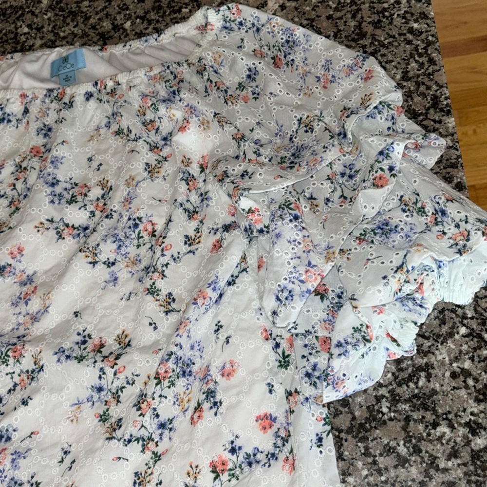 CeCe balloon puffy sleeves blouse eyelet floral pattern white lined body Sz XL - Picture 5 of 14